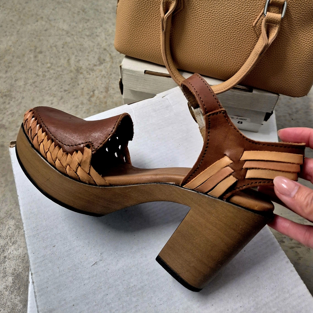Woven Leather Block Heel Sandals - Women's Brown Heels - Picture 7 of 8